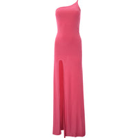 Femme Luxe Womens Asymmetric One Strap Maxi Dress with Train in Pink