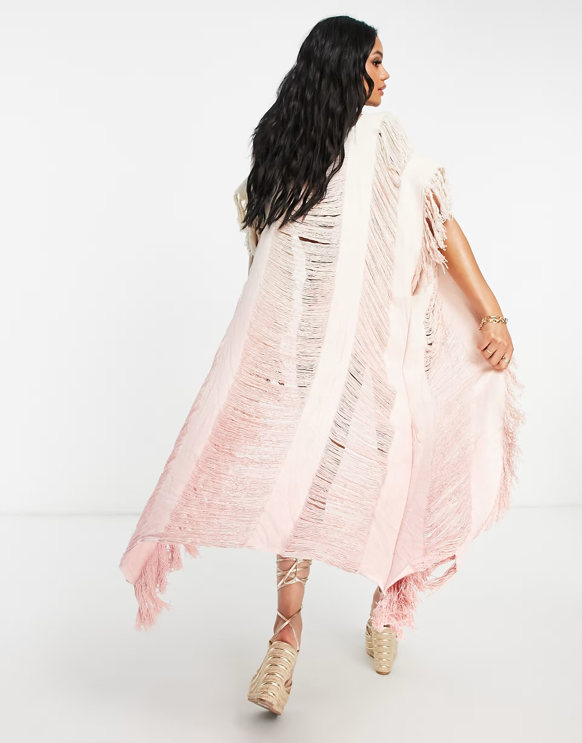 Thrifts & Threads Womens + Exaggerated Fray Detail Maxi Kimono in Pink Ombre