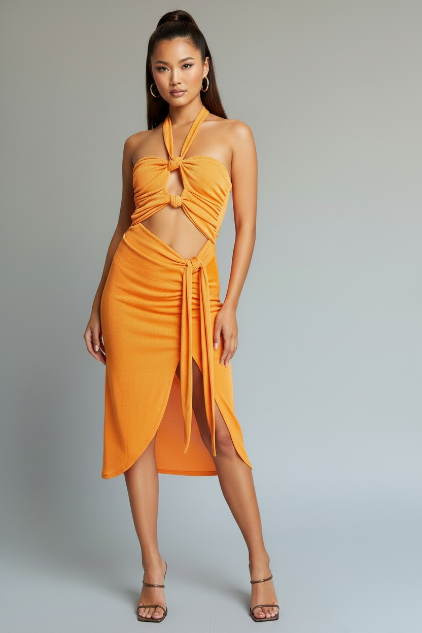EI8TH HOUR Womens Slinky Halterneck Midi Dress In Orange