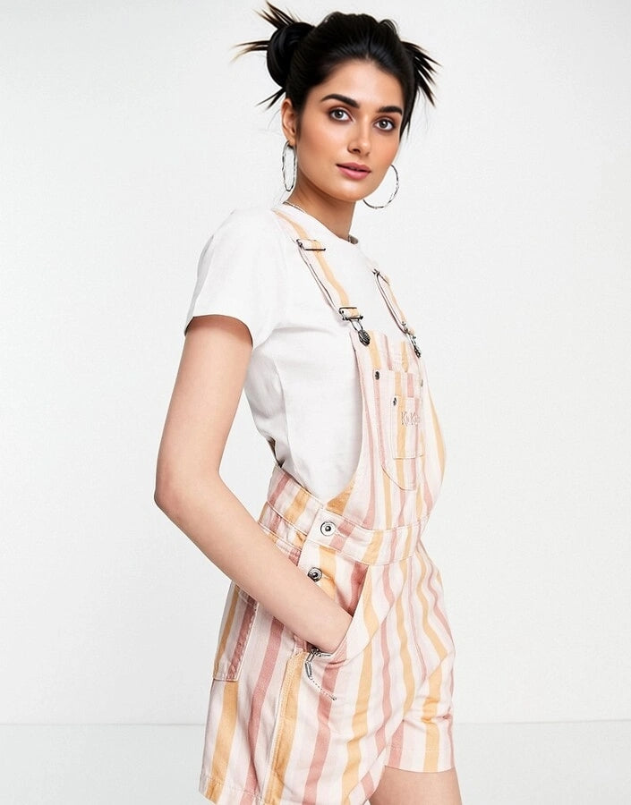 Kickers Womens Dungaree Retro Shorts in Stripe In Multi