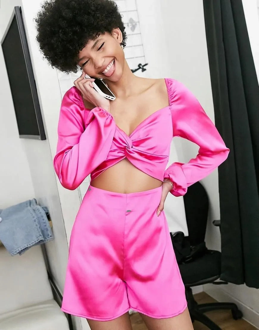 First Distraction Womens The Label Tall Satin Playsuit With Twist Front And Cut Out in Cerise