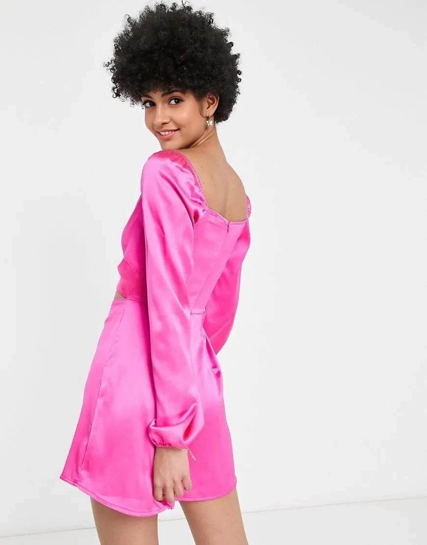 First Distraction Womens The Label Tall Satin Playsuit With Twist Front And Cut Out in Cerise