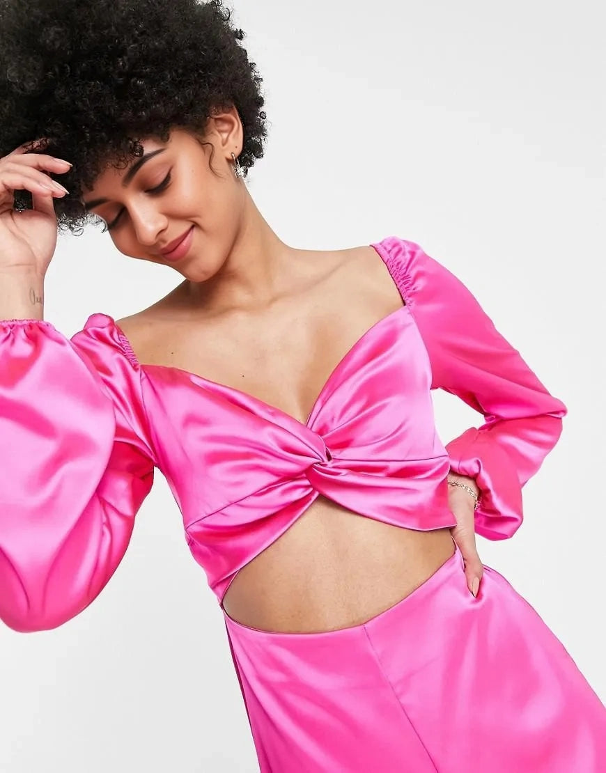First Distraction Womens The Label Tall Satin Playsuit With Twist Front And Cut Out in Cerise
