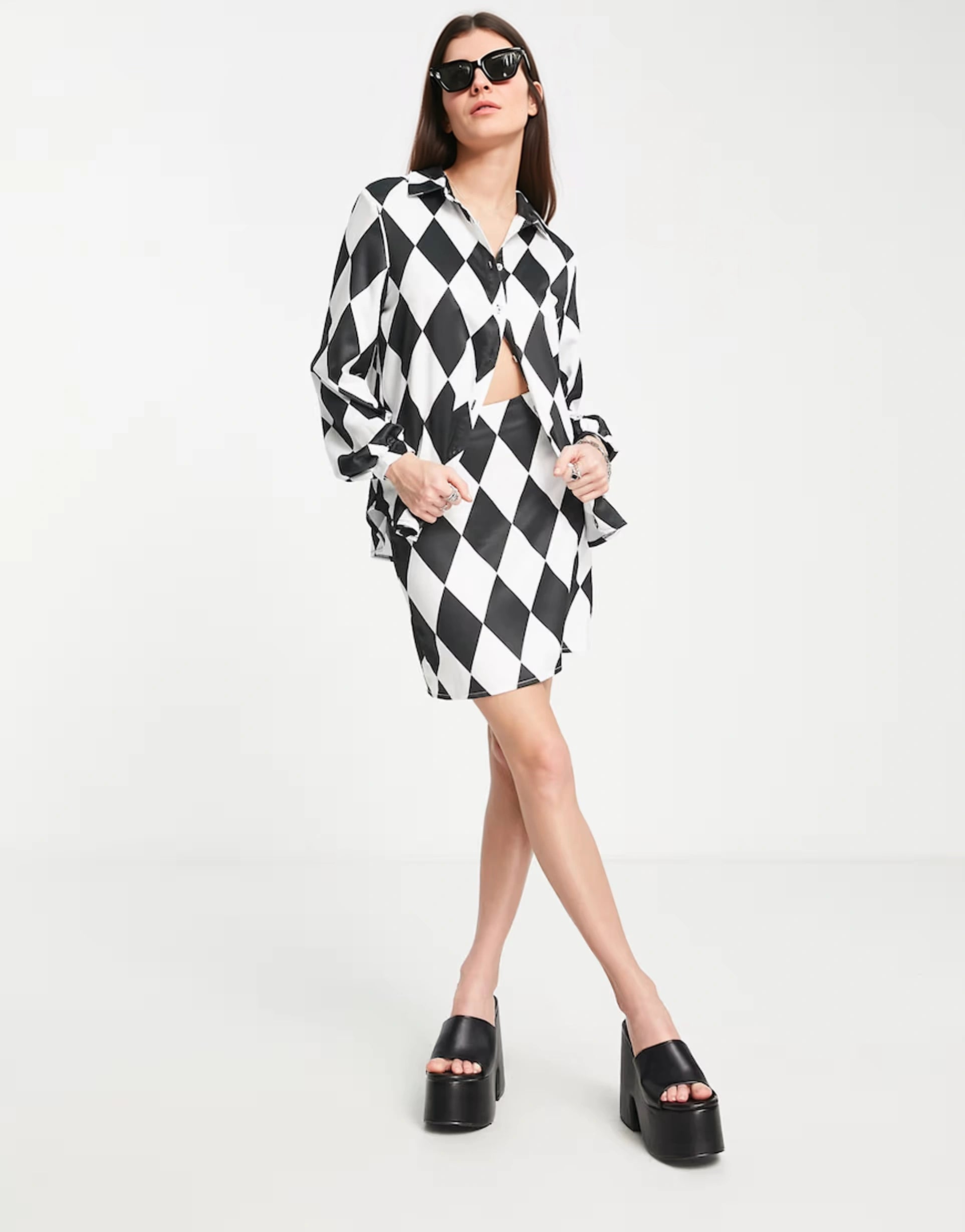 Twisted Wunder Womens Bodycon Mini Skirt in Diamond Checkerboard Co-Ord