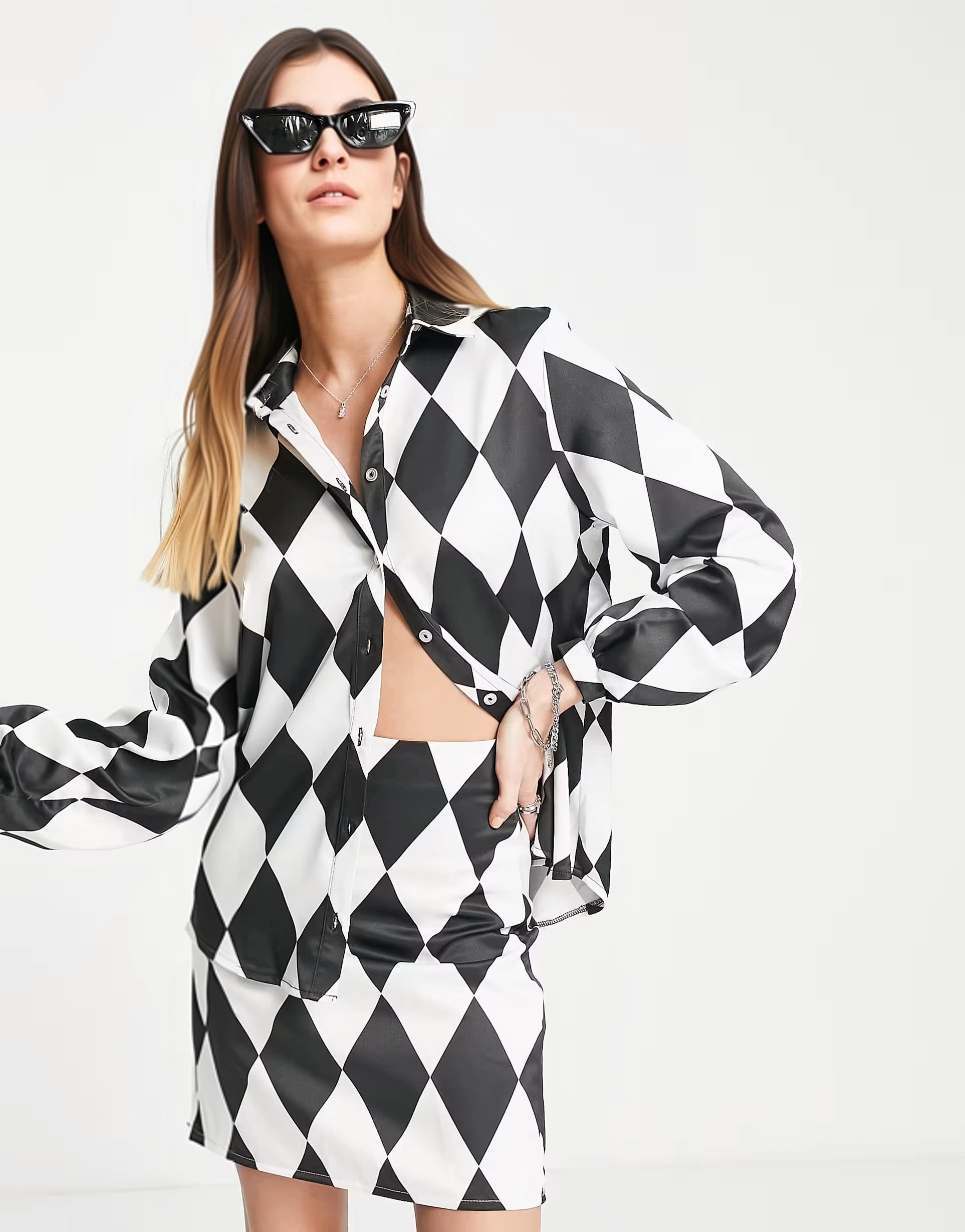 Twisted Wunder Womens Bodycon Mini Skirt in Diamond Checkerboard Co-Ord
