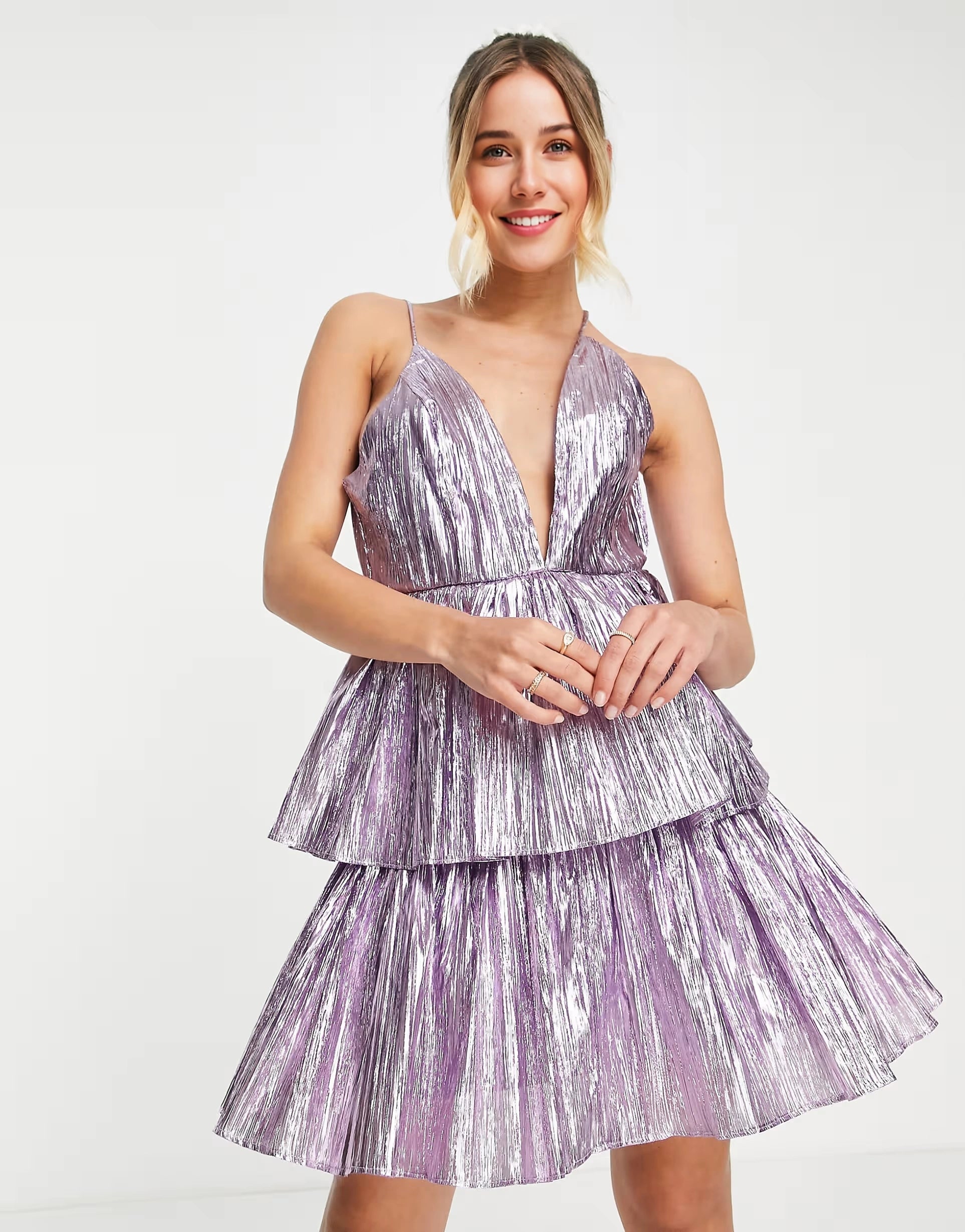 Collective The Label Womens Plunge Metallic Mini Dress in Pewter