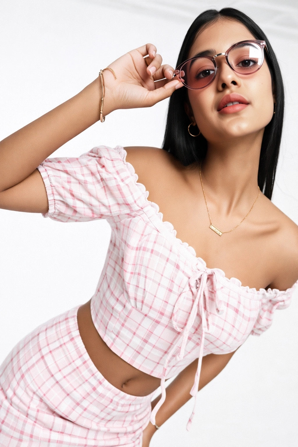 Collective The Label Womens Off Shoulder Crop Top Co-Ord in Lilac Check