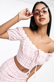 Collective The Label Womens Off Shoulder Crop Top Co-Ord in Lilac Check