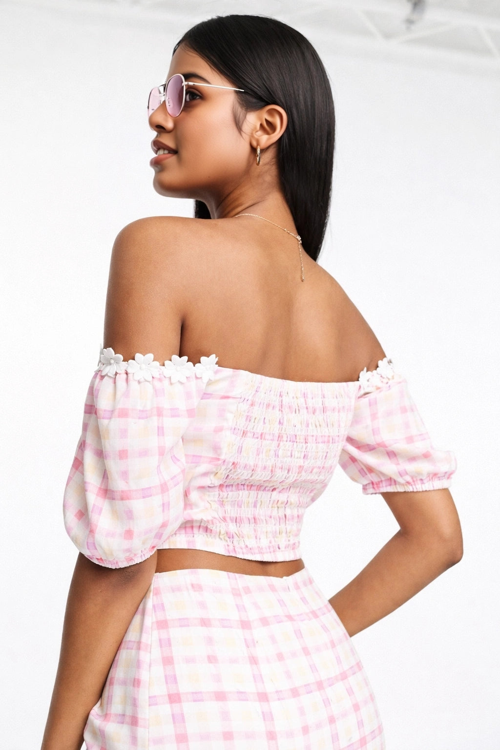 Collective The Label Womens Off Shoulder Crop Top Co-Ord in Lilac Check