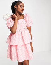 Collective The Label Womens Puff Sleeve Tiered Smock Dress in Textured Pink Floral