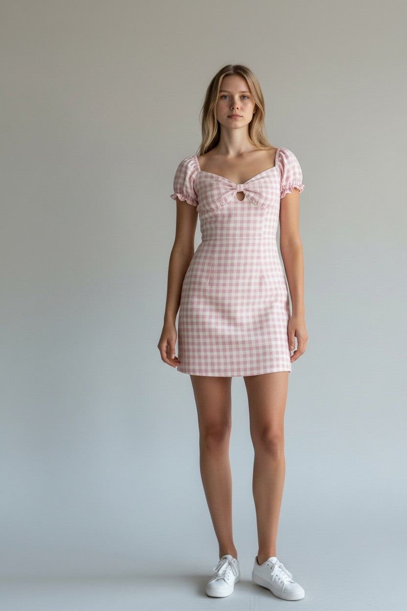 Collective The Label Petite Womens Tie Front Puff Sleeve Mini Dress in Lilac Check
