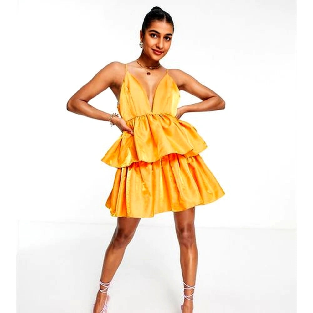 Collective The Label Womens Petite Plunge Tiered Mini Dress In Orange