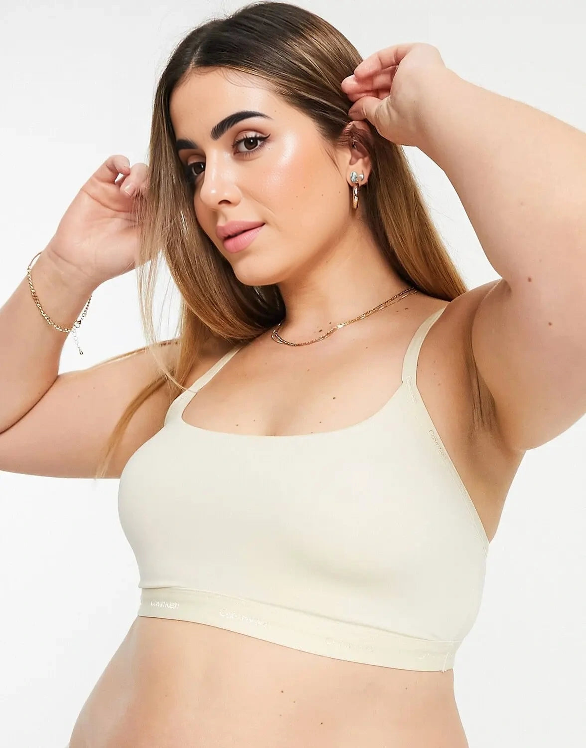 Calvin Klein Plus Size Form To Body Unlined Bralette Bra With Tonal Logo in Stone