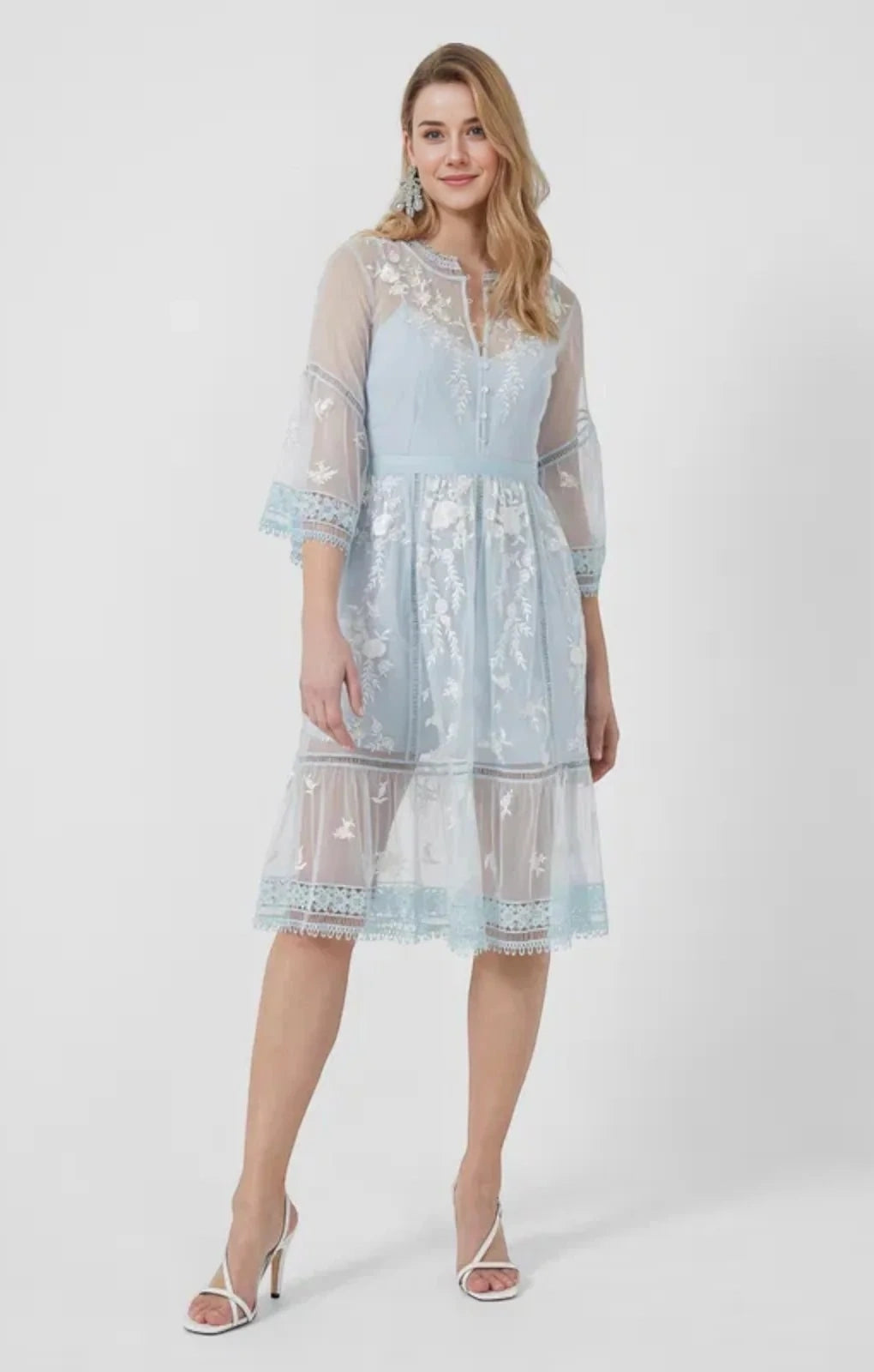 French Connection Womens Midi Tea Dress With Delicate Floral Embroidery in Baby Blue