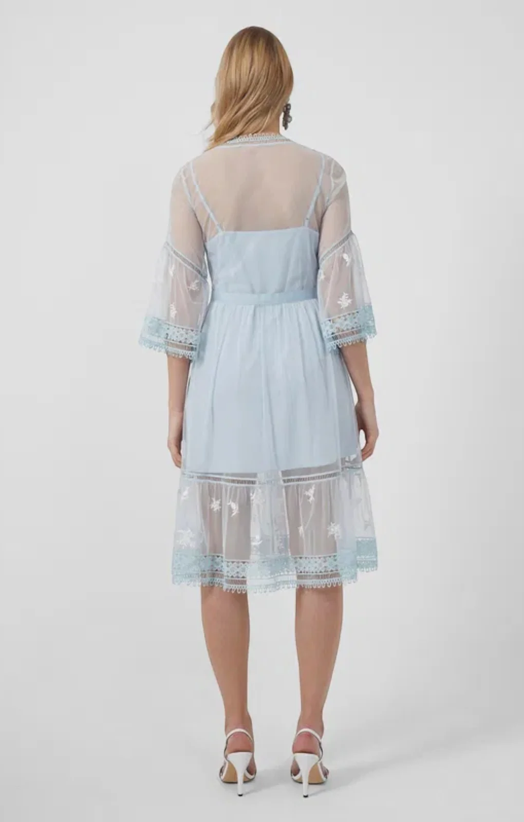 French Connection Womens Midi Tea Dress With Delicate Floral Embroidery in Baby Blue