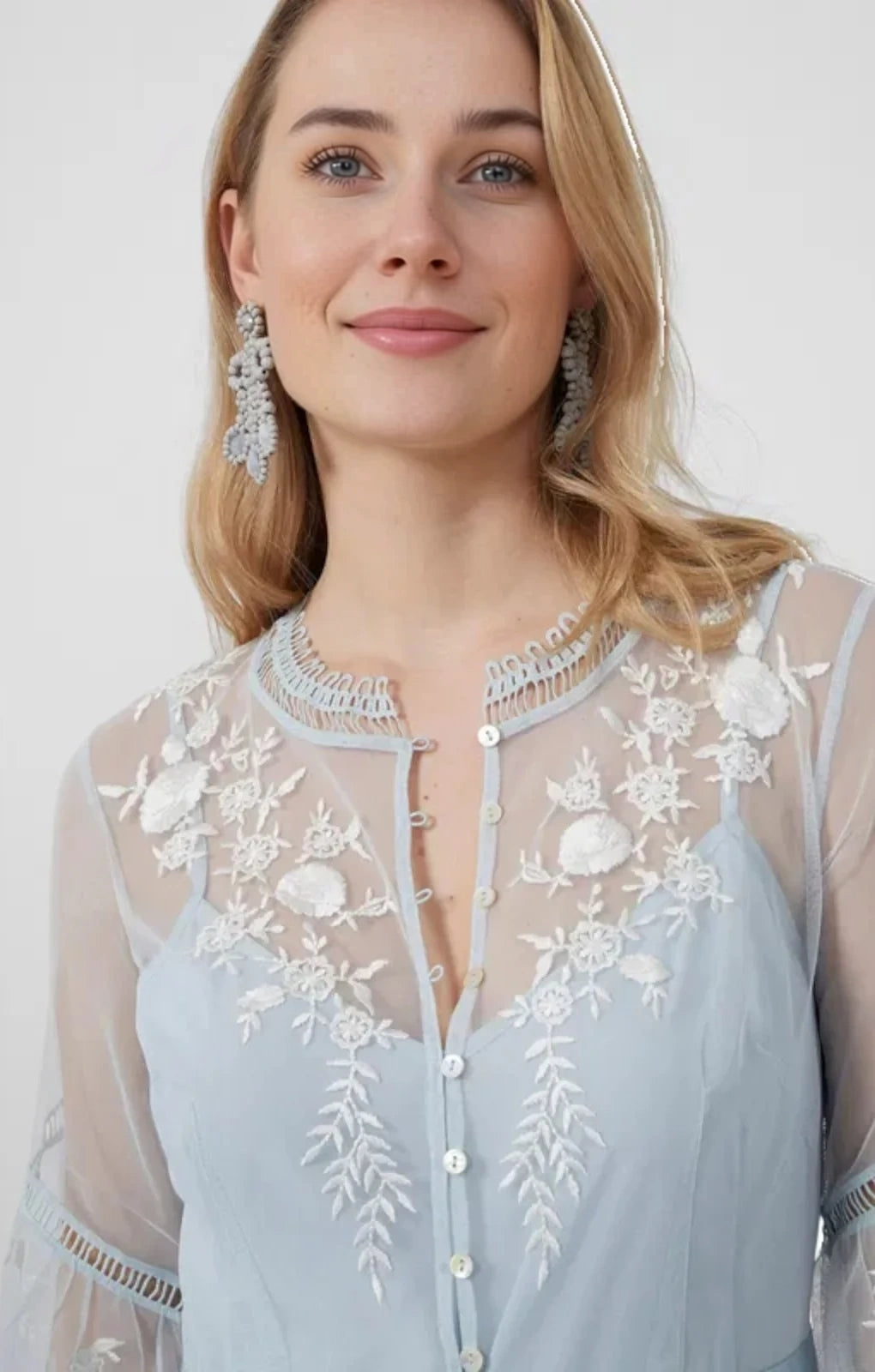 French Connection Womens Midi Tea Dress With Delicate Floral Embroidery in Baby Blue