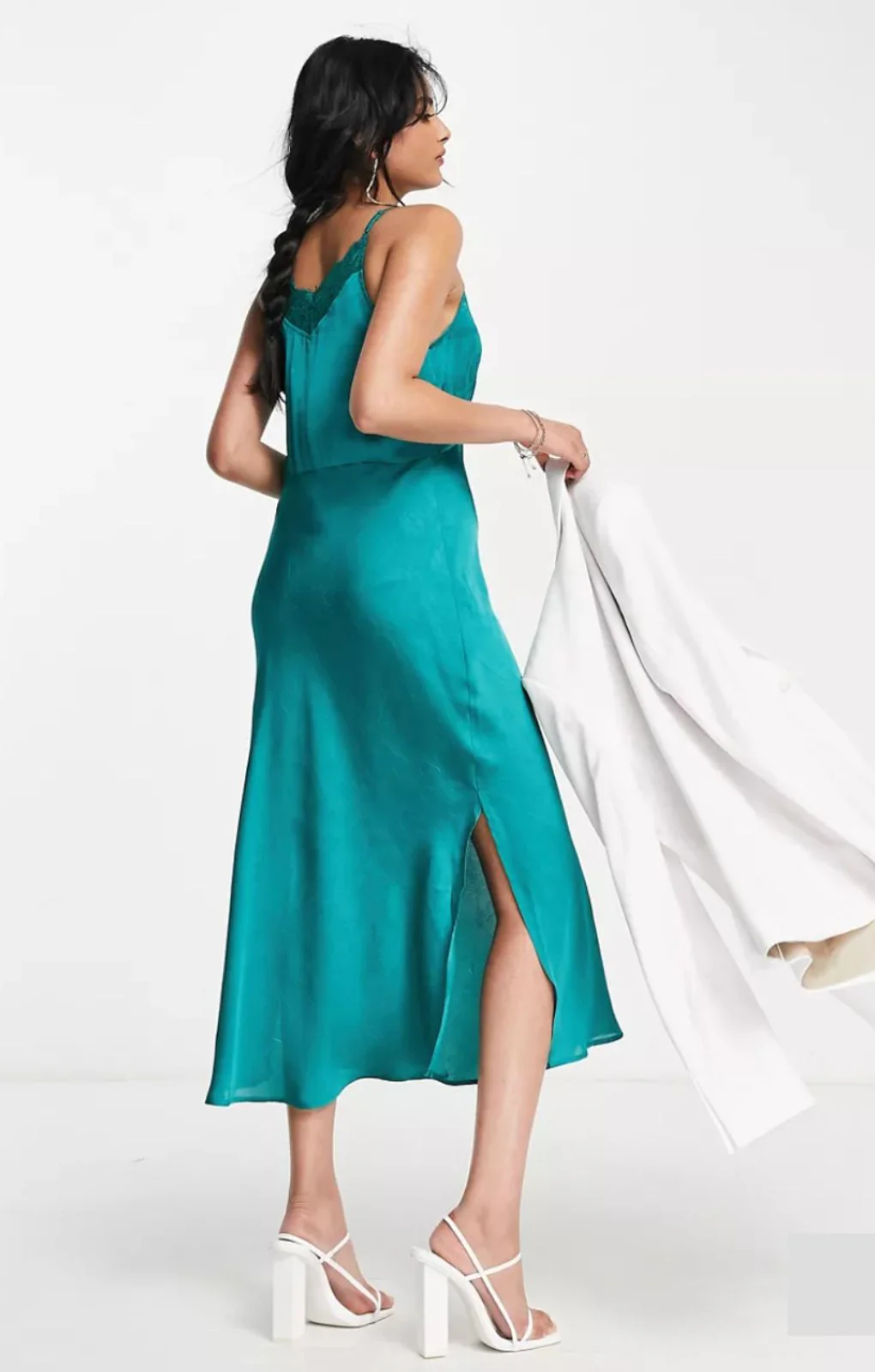 French Connection Womens Satin Cami Dress With Lace Detail in Teal