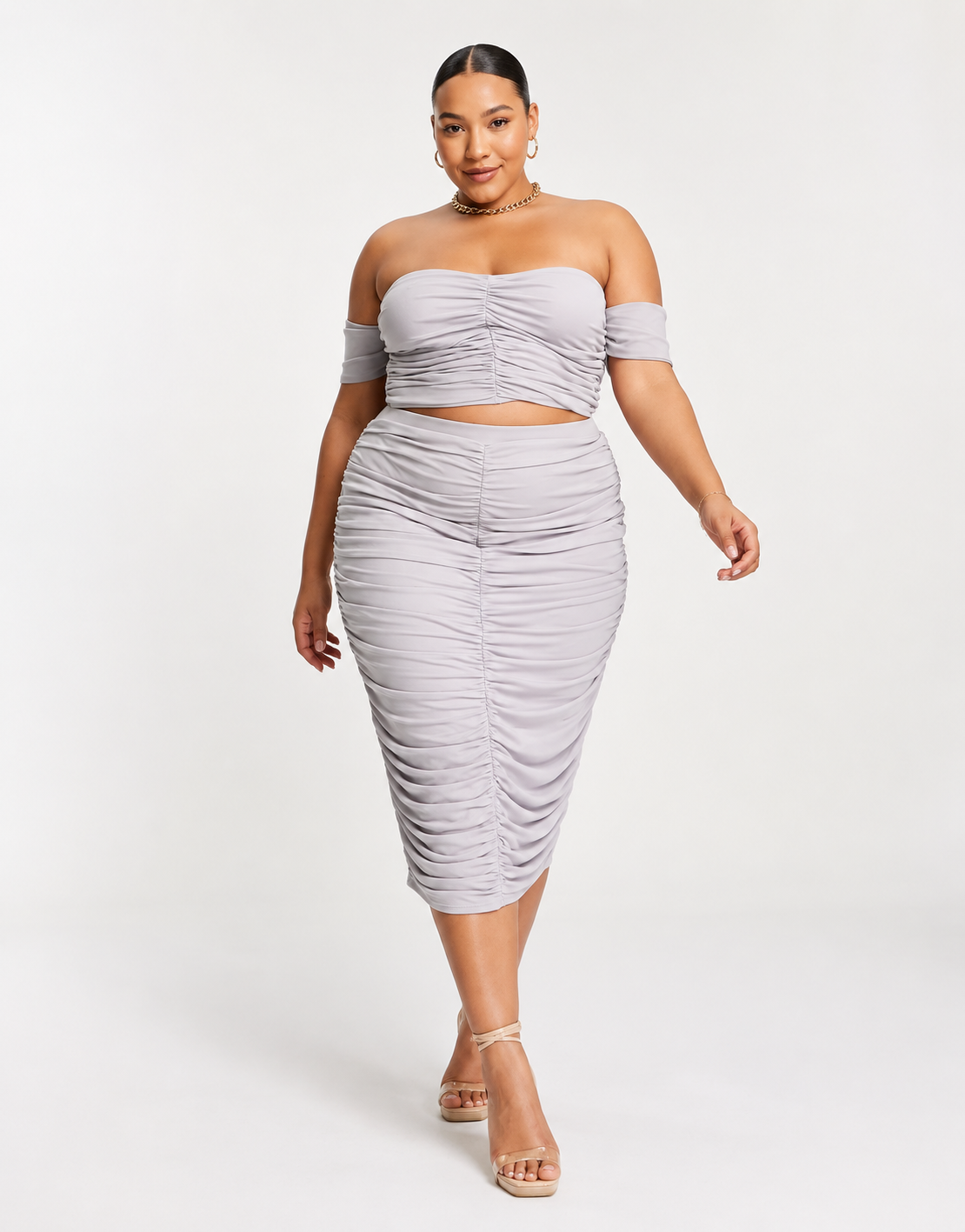 Jaded Rose Plus Womens Ruched Slinky Crop Top in Soft Grey