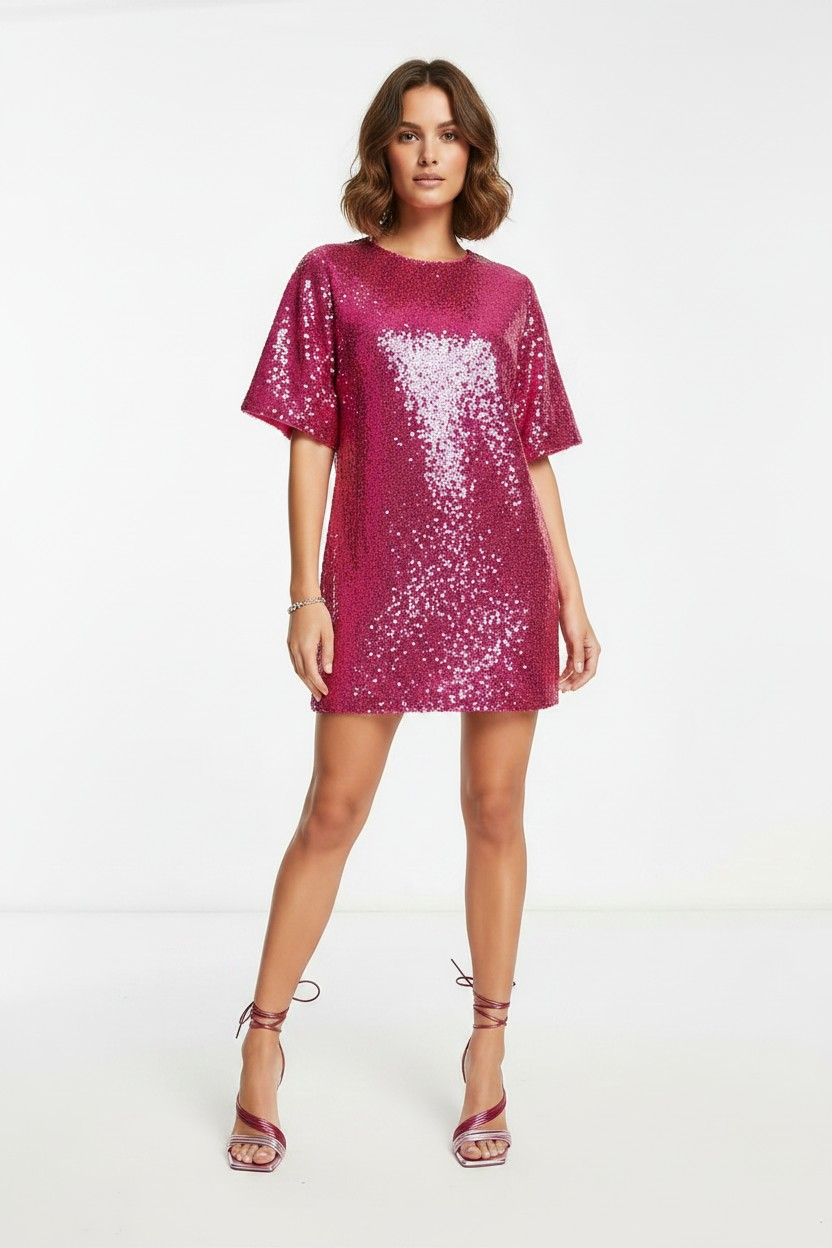 Jaded Rose Womens Petite T-Shirt Dress in Pink Sequin