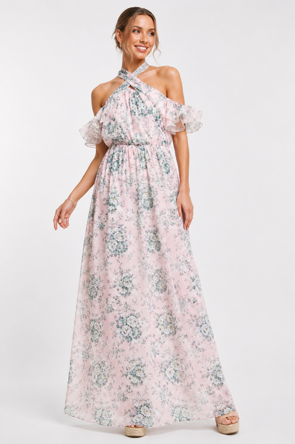 John Zack Womens Halter Neck Puff Sleeve Maxi Dress In Pink
