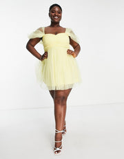 Womens Lace & Beads Plus Tulle Babydoll Mini Dress In Yellow