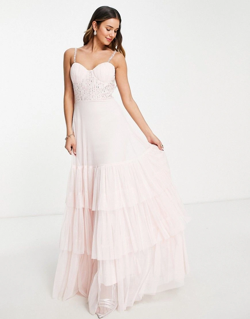 Lace & Beads Womens Sequin Corset Contrast Cup Midi Dress in Blush Pink