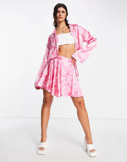 Womens Neon Rose Tie Waist Wrap Skirt In Butterfly Satin Co-Ord