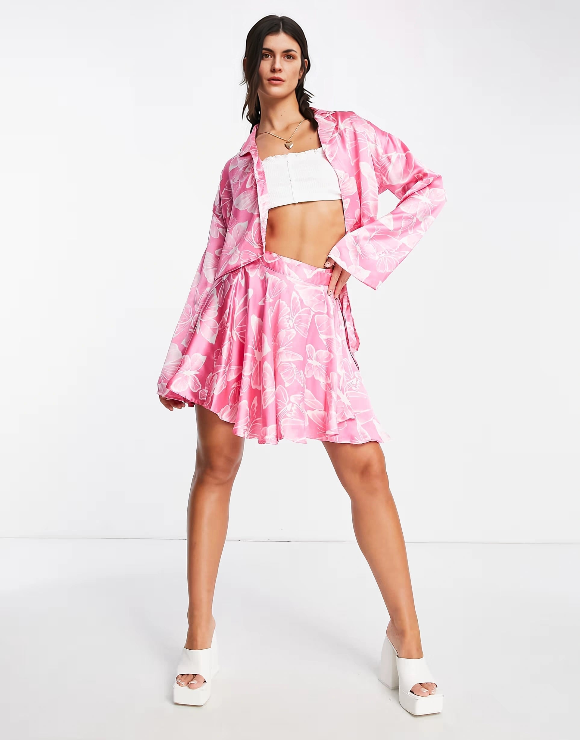 Womens Neon Rose Tie Waist Wrap Skirt In Butterfly Satin Co-Ord