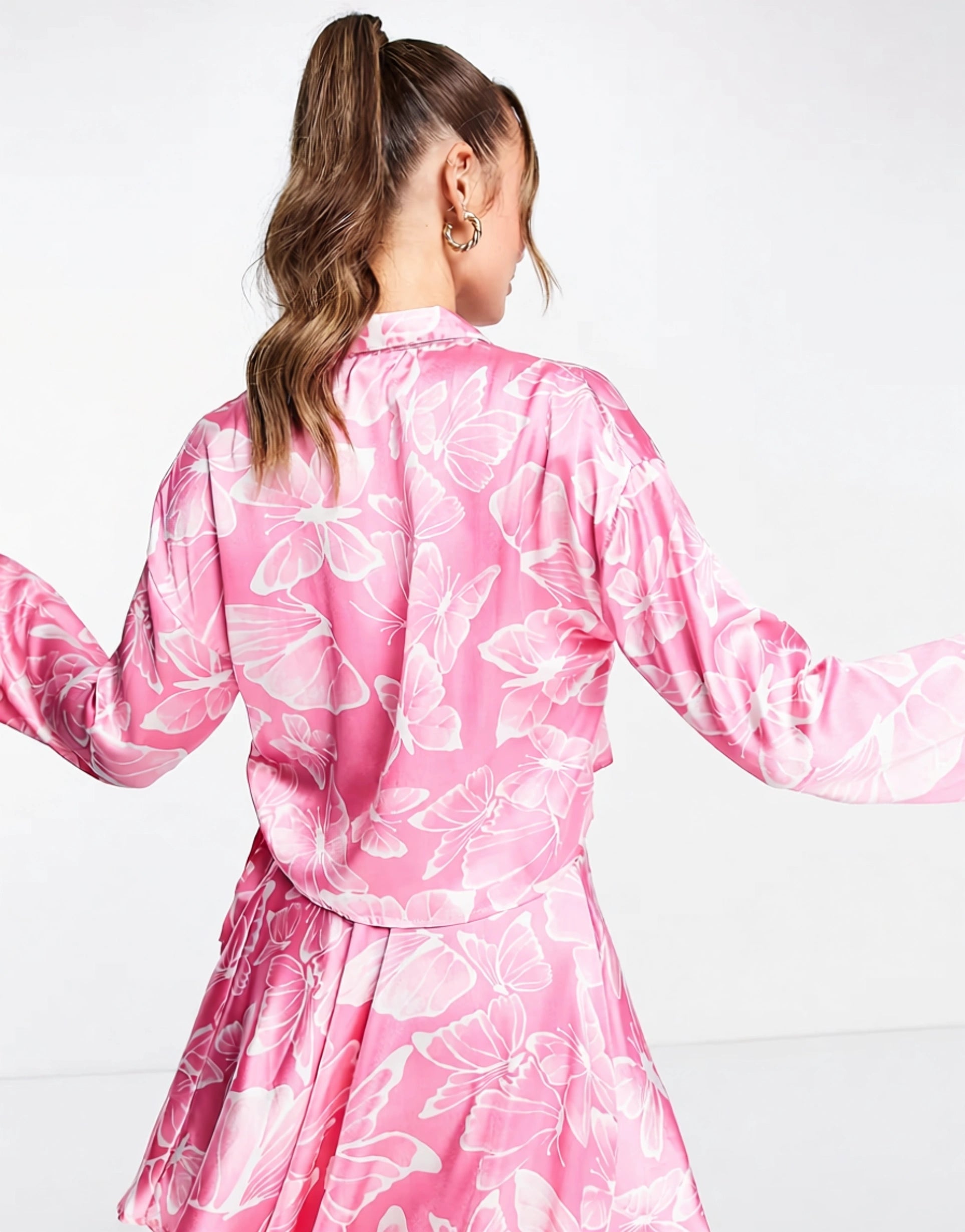 Womens Neon Rose Tie Waist Wrap Skirt In Butterfly Satin Co-Ord