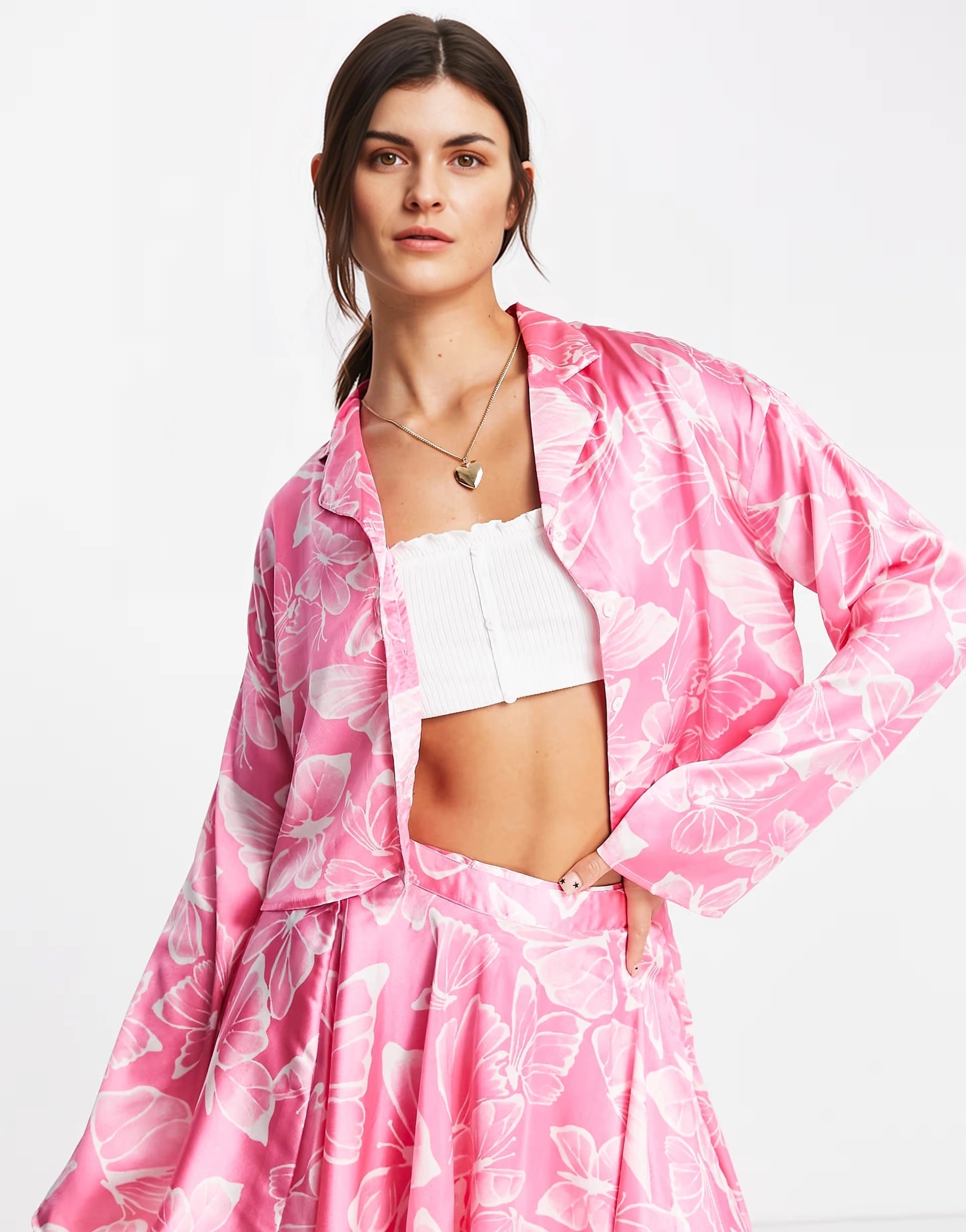 Womens Neon Rose Tie Waist Wrap Skirt In Butterfly Satin Co-Ord