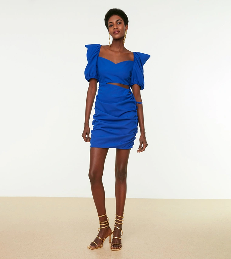 TRENDYOL Womens Ruched Mini Dress With Cut Out In Blue