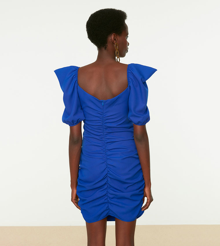 TRENDYOL Womens Ruched Mini Dress With Cut Out In Blue