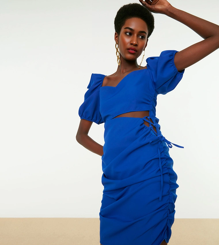 TRENDYOL Womens Ruched Mini Dress With Cut Out In Blue