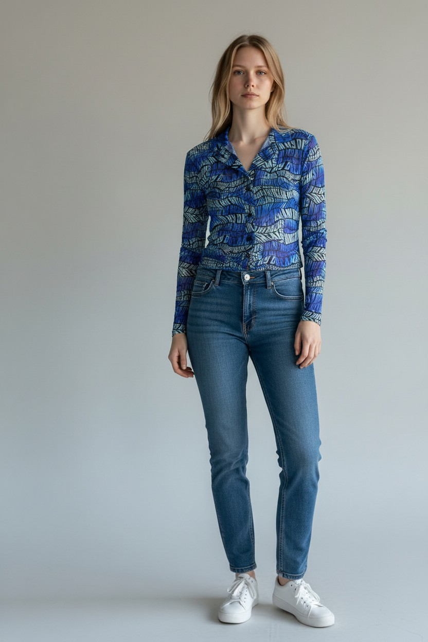 Daisy Street Womens Crop Button Up Top in Blue Wavy Text Mesh