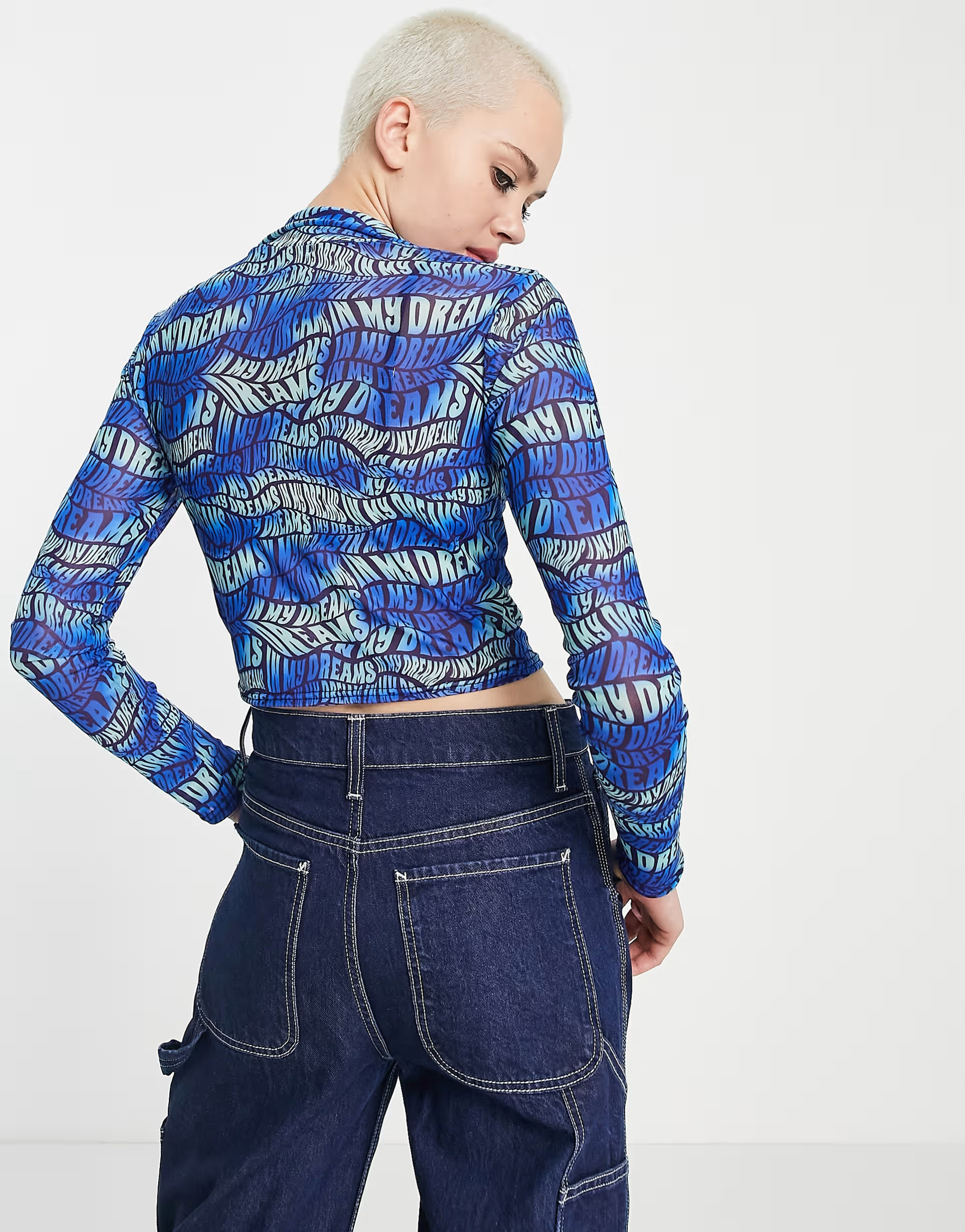 Daisy Street Womens Crop Button Up Top in Blue Wavy Text Mesh