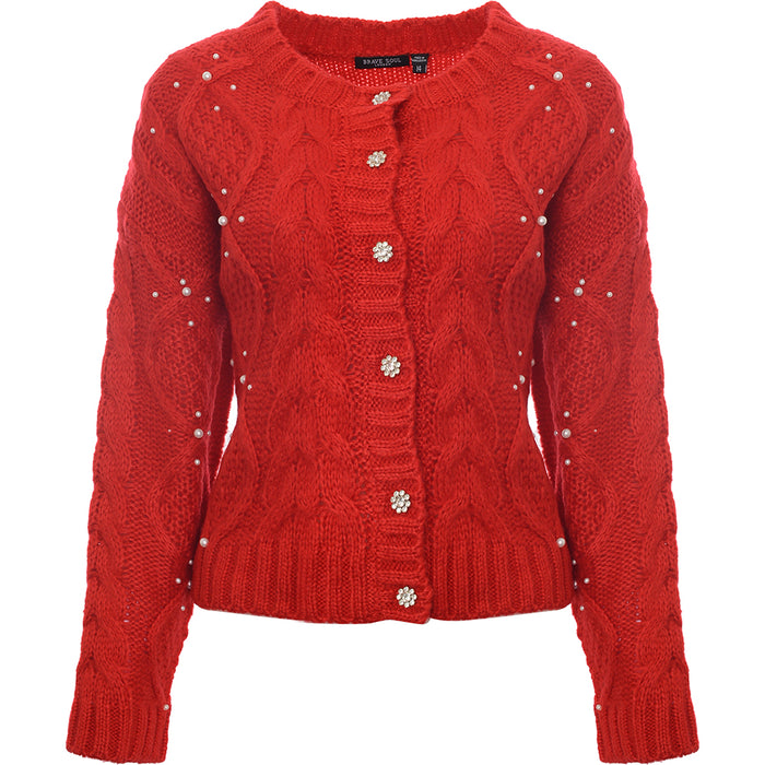 Brave Soul Women's Red Crew Neck Cardigan with Embellished Buttons
