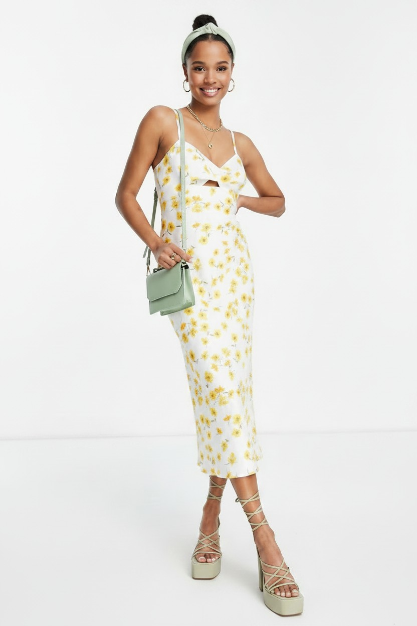 Forever New Petite Womens Cut-Out Midi Dress in Ivory Buttercup Floral