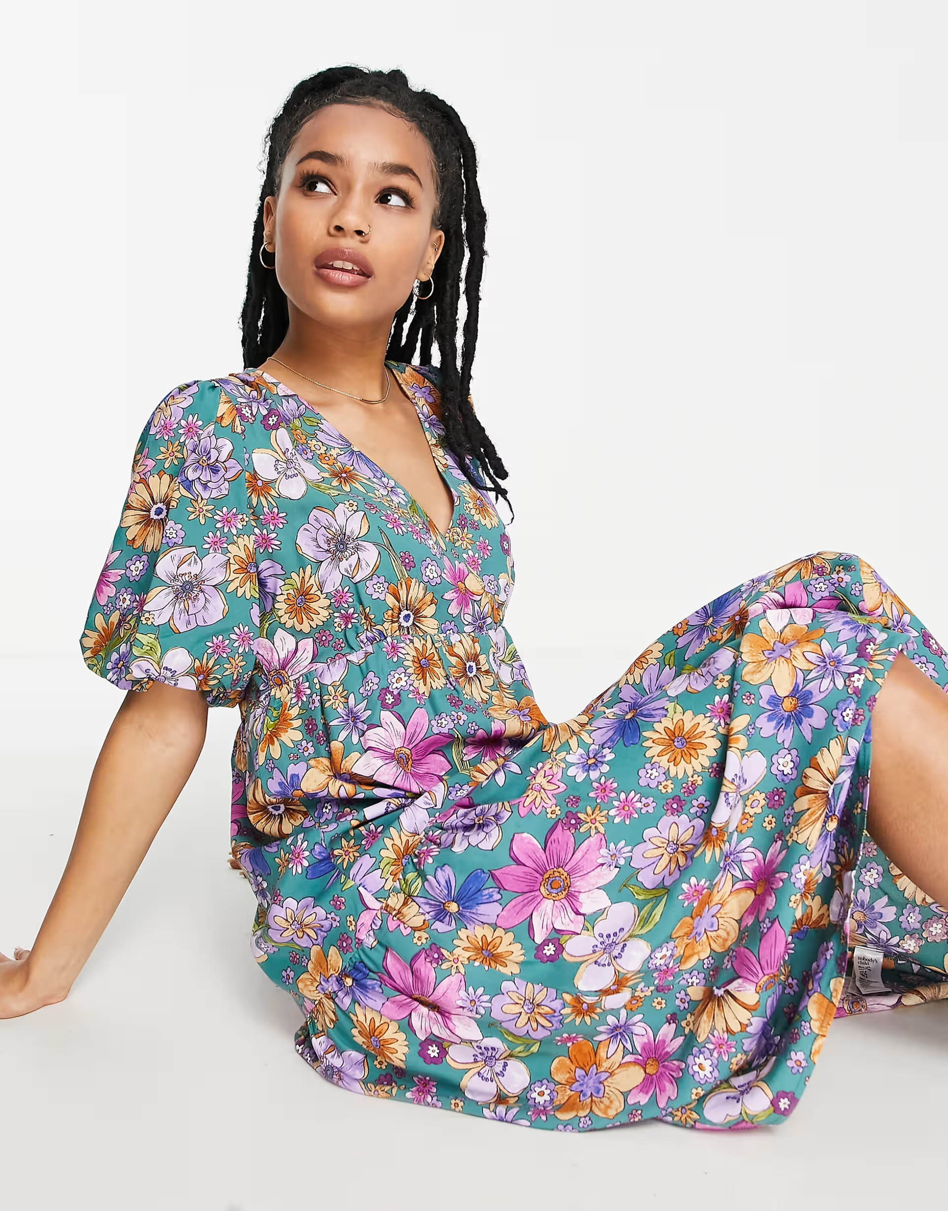 Nobody?s Child Womens Nobody's Petite Valentine Bubble Sleeve Floral Print Dress in Multicolour