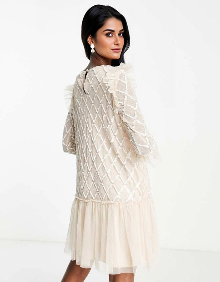 Womens Little Mistress Embellished Diamond Tulle Mini Dress In Cream