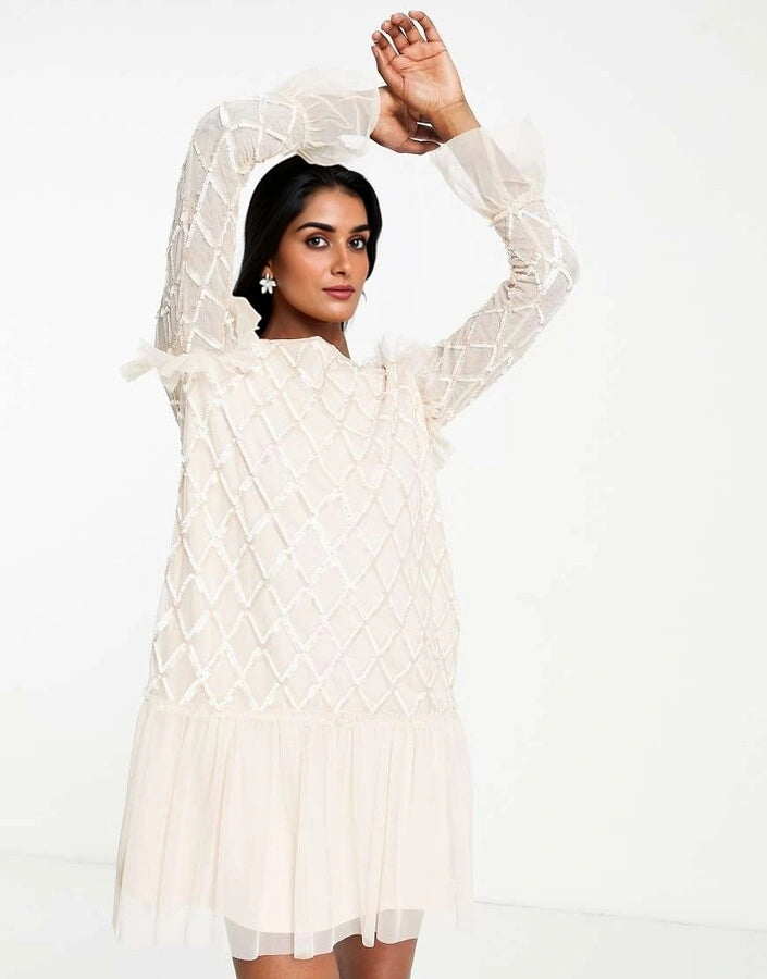 Womens Little Mistress Embellished Diamond Tulle Mini Dress In Cream