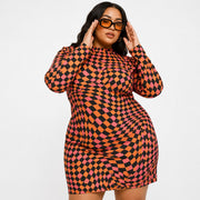 Never Fully Dressed Plus Womens Curve Warped Checkerboard Mini Dress In Pink