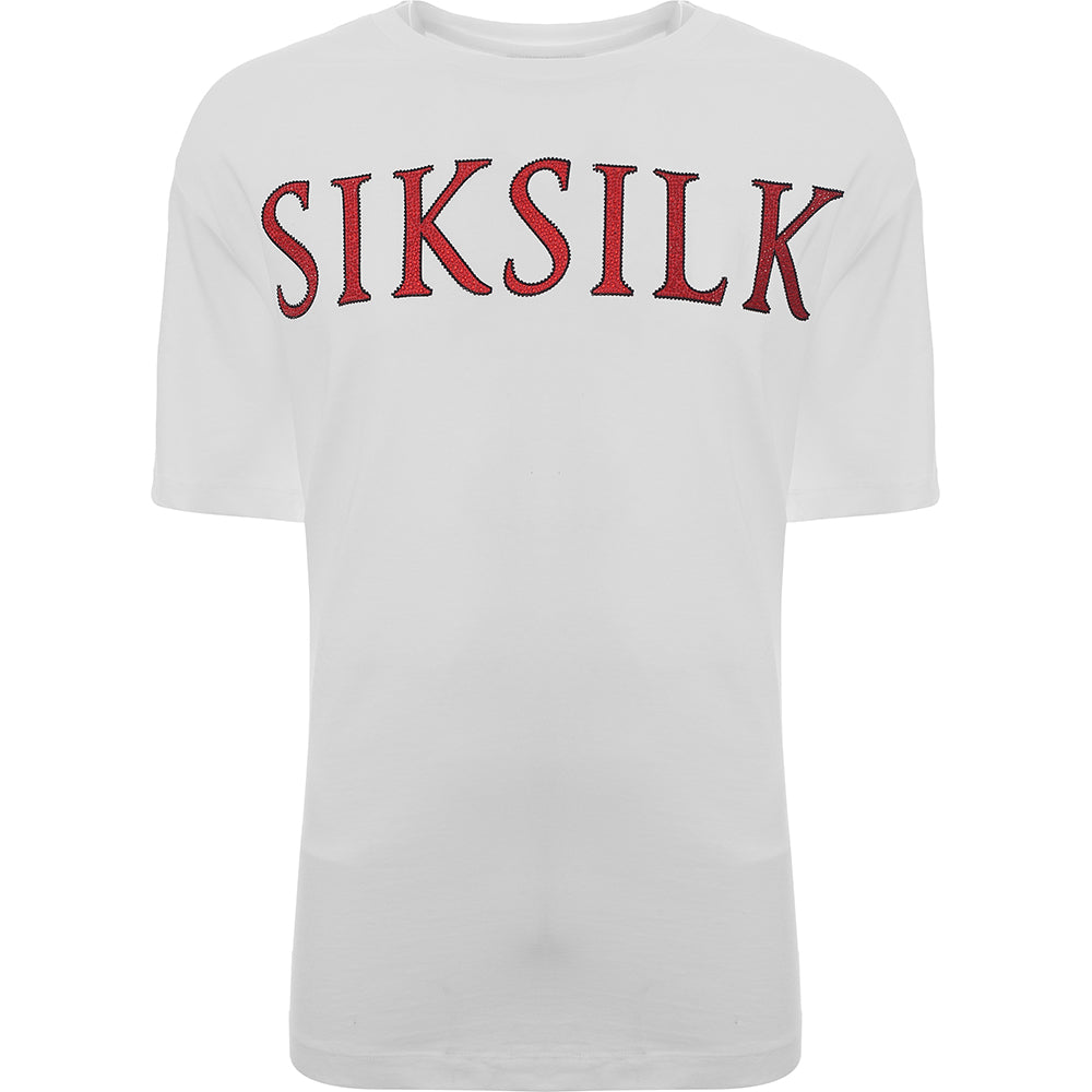 Siksilk Men's White Oversized T-Shirt with Red Rhinestone Logo