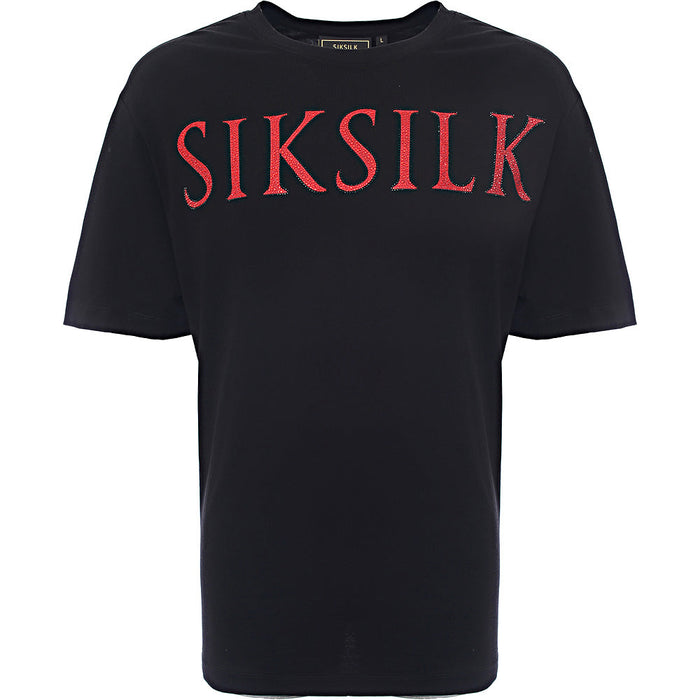 Siksilk Mens Oversized T-Shirt in Black with Red Rhinestone Logo