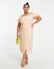 Forever New Curve Womens Puff Sleeve Square Neck Midi Dress in Buttercup Floral