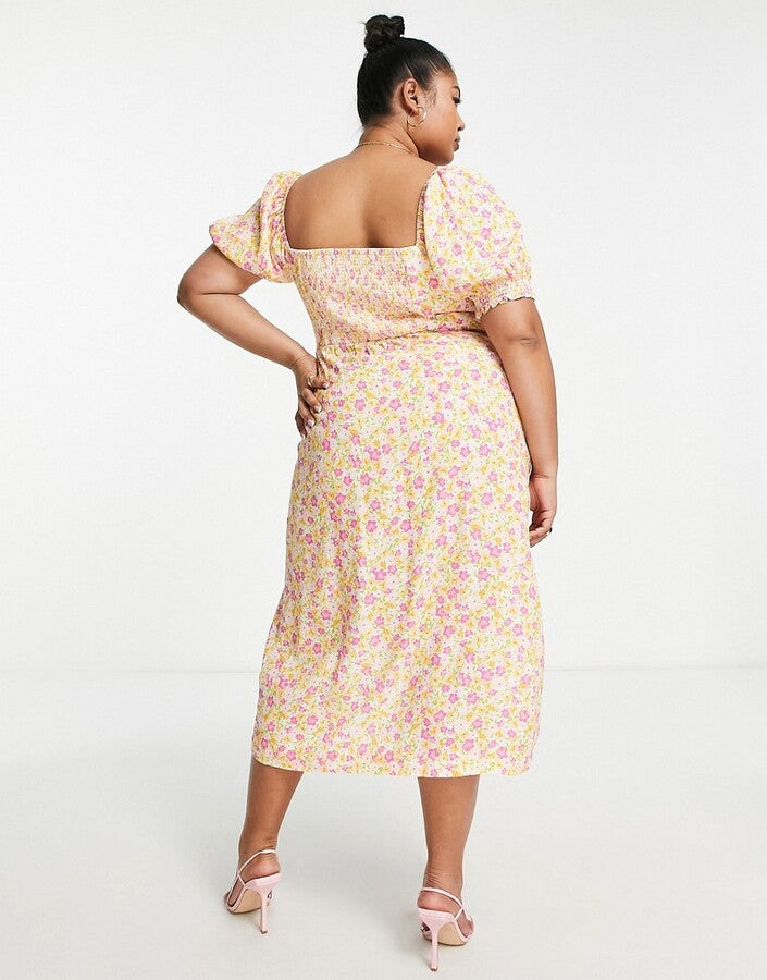 Forever New Curve Womens Puff Sleeve Square Neck Midi Dress in Buttercup Floral