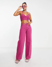 Fashionkilla Women's Purple Wide Leg Jeans with Cut Out Waist