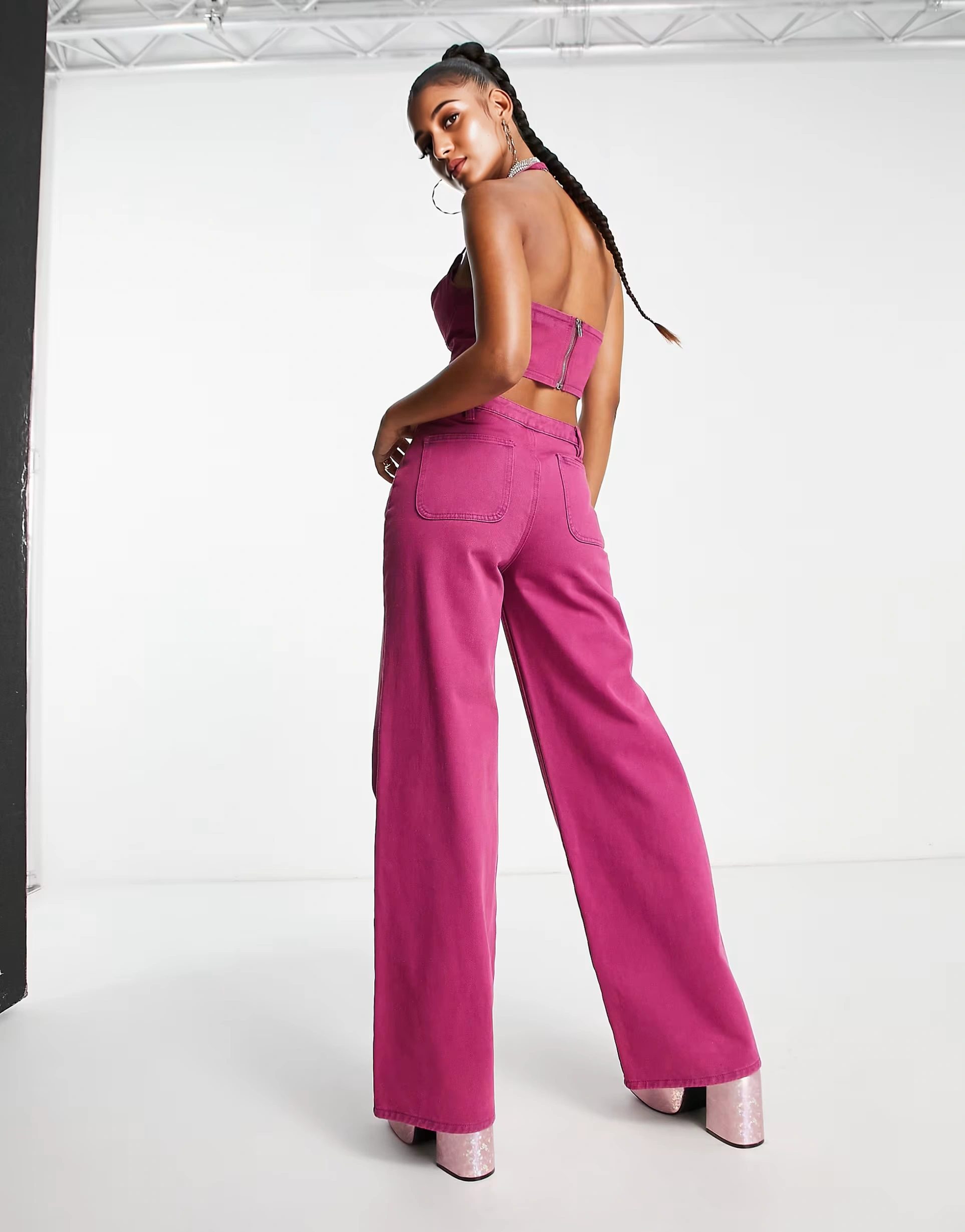 Fashionkilla Women's Purple Wide Leg Jeans with Cut Out Waist