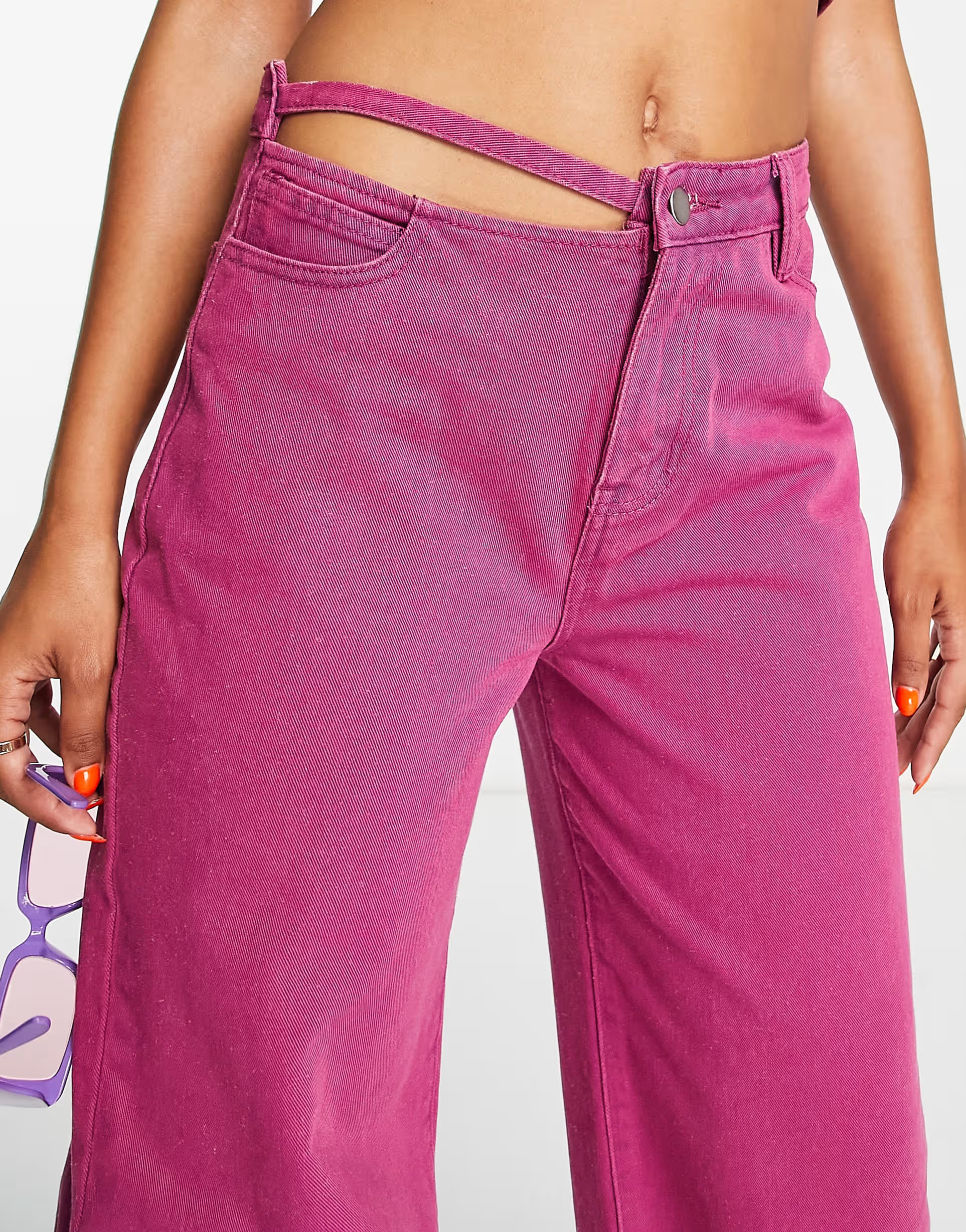 Fashionkilla Women's Purple Wide Leg Jeans with Cut Out Waist