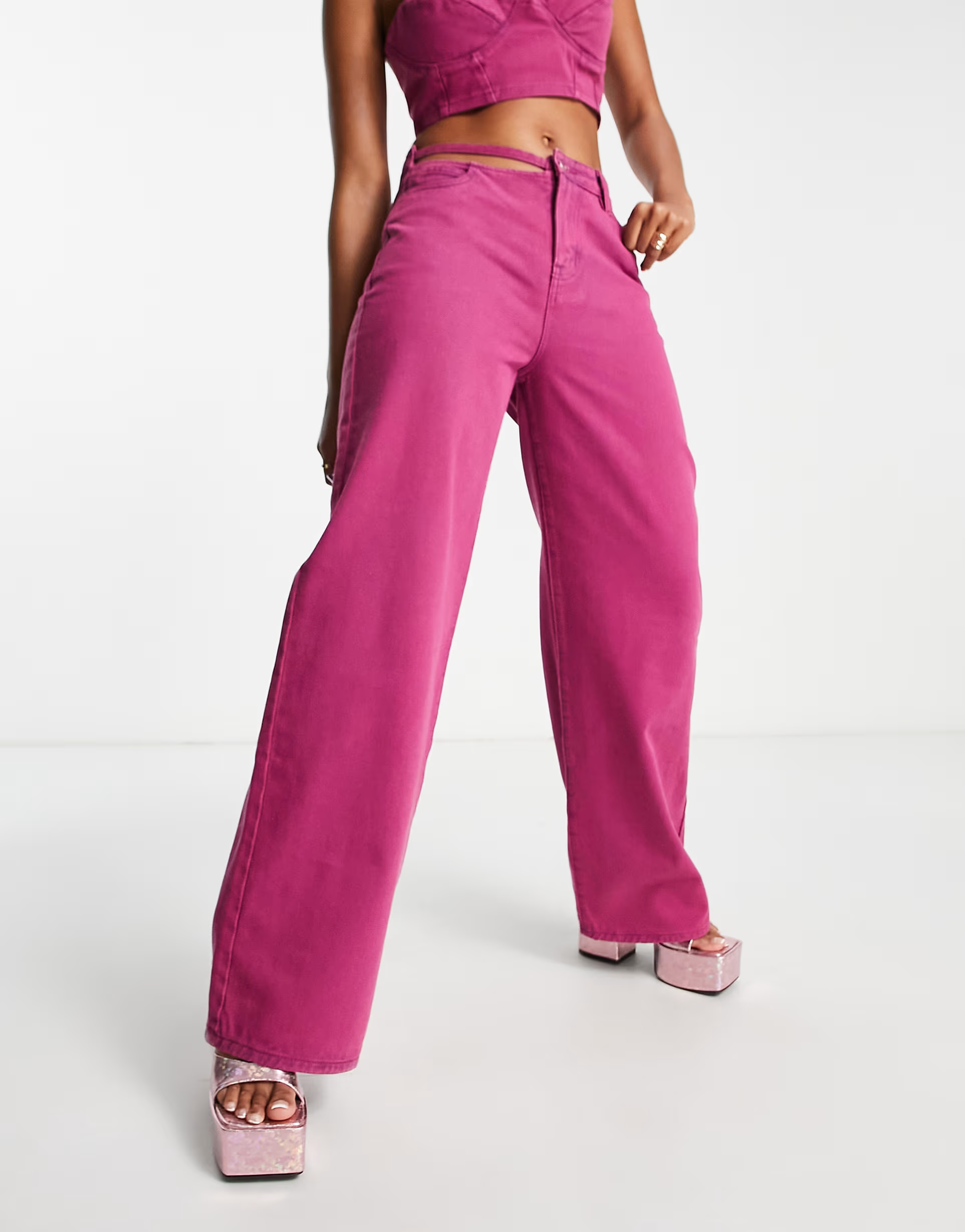 Fashionkilla Women's Purple Wide Leg Jeans with Cut Out Waist