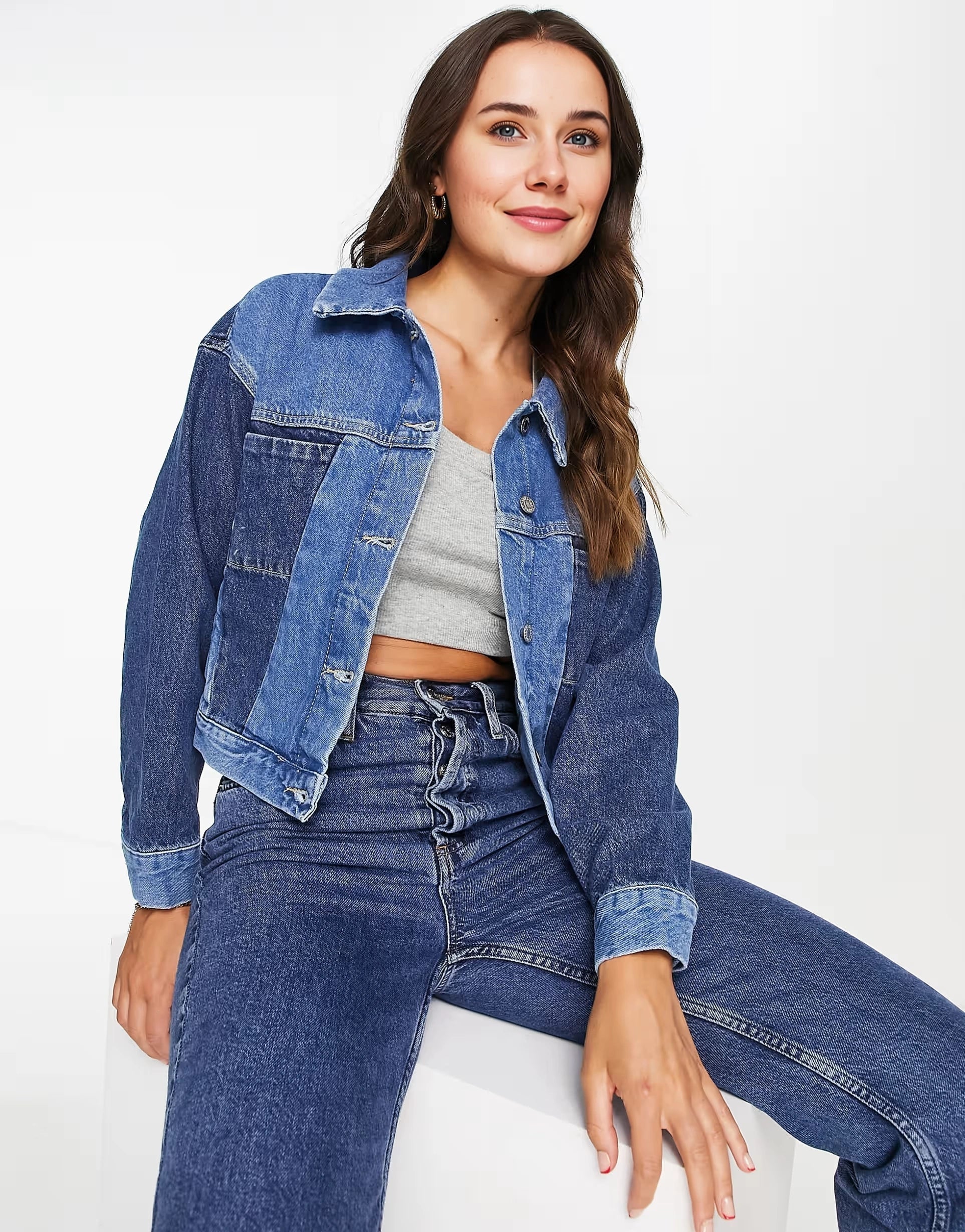Womens Mango Patchword Denim Jacket in Blue